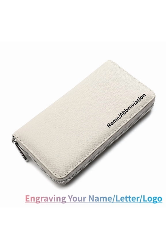 Women's RFID Blocking 100% Leather Large Capacity Zip Around Wallet Phone Holder Clutch Travel Purse Wristlet, Personalized Engraved Name Wallet, Off-White