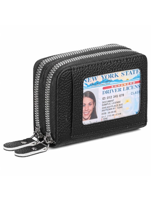 Women's RFID Blocking Leather Credit Card Wallet, Double Zipper Card Holder with ID Window