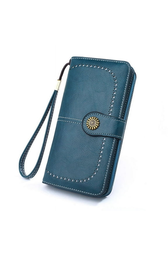 Women's RFID Blocking Leather Wallet Multi-Card Organizer Clutch Purse with Wristlet Strap - Soft Durable Bifold Ladies Wallet Long Zipper Pocket Double Button Design for Cards Cash Phone