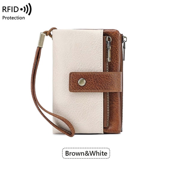 Women's RFID Blocking Leather Wallet, Vintage Multi-functional Tri-fold Short Style Coin Purse with Large Capacity, Detachable Wrist Strap, Beige and Brown