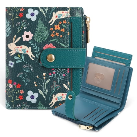Women’s RFID Blocking Small Wallet Cute Rabbit Floral Print Leather Bifold Wallet with Zipper Coin Pocket & Card Holder-exquisite gift box