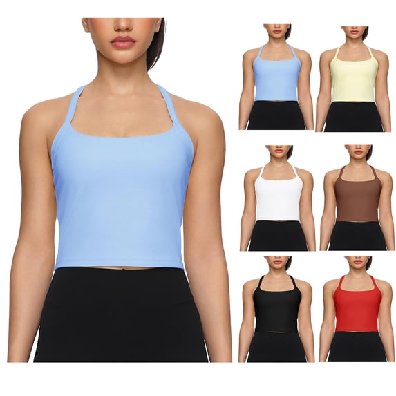 Women's Racerback Crop Tank Top Built in Padded Bra Cropped Sleeveless Yoga Shirt for Workout Running Summer Tanks Blue