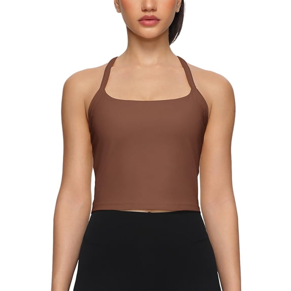 Women's Racerback Crop Tank Top Built in Padded Bra Cropped Sleeveless Yoga Shirt for Workout Running Summer Tanks Brown