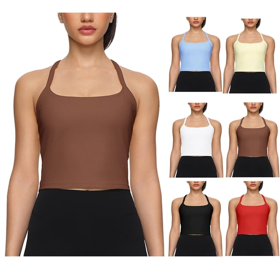 Women's Racerback Crop Tank Top Built in Padded Bra Cropped Sleeveless Yoga Shirt for Workout Running Summer Tanks Brown
