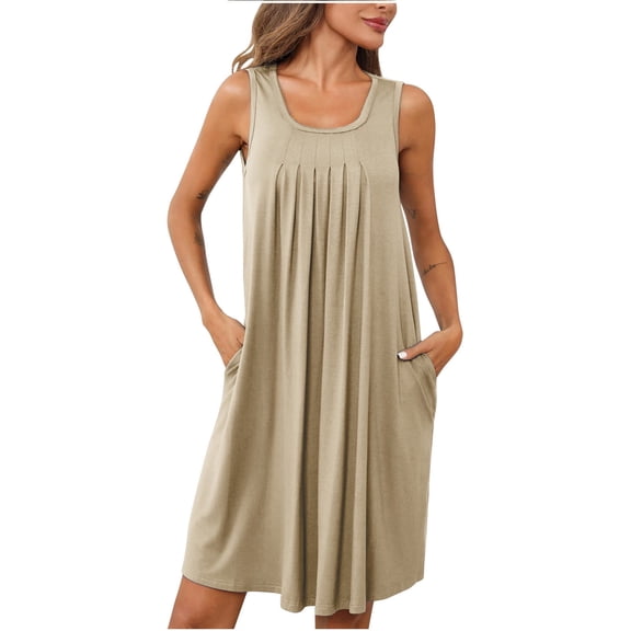 Women's Racerback Nightgown with Pockets Sleeveless Sleepwear Pleated Front Chemise Dress