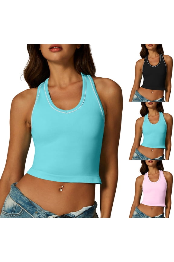 Women's Racerback Sports Bra Contrast Trim Halter Neck U Neck Sleeveless Camis Slim Fit Runing Workout Crop Tank Tops Athletic Gym Outfit Sky Blue