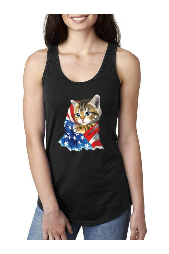 Women's Racerback Tank Top - American Flag 4th of July Kitty