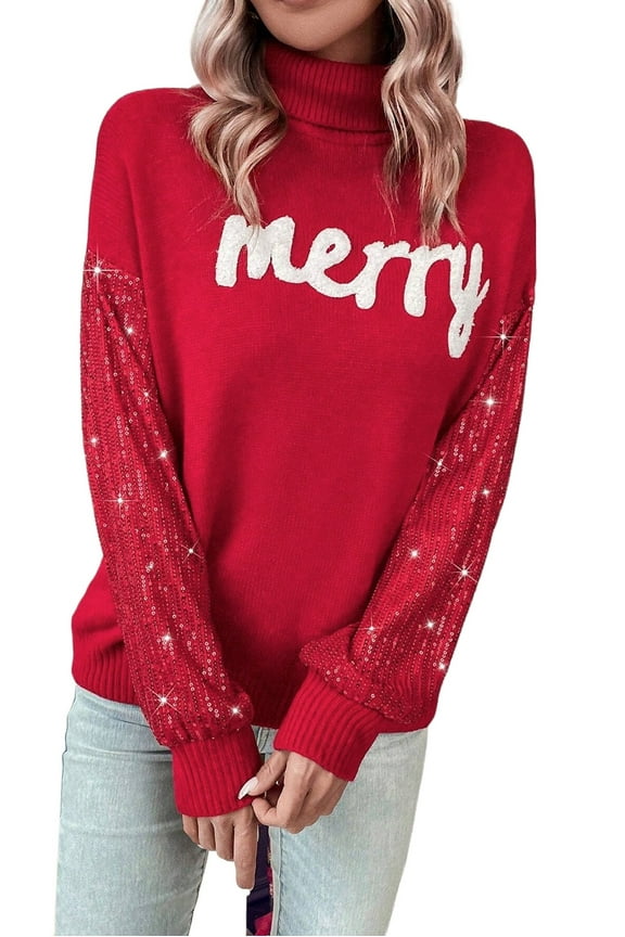 Women's Racing Red Merry Graphic Turtleneck Sweater with Sequin Sleeves | [ZhiHiMeRi] | (US 12-14)L