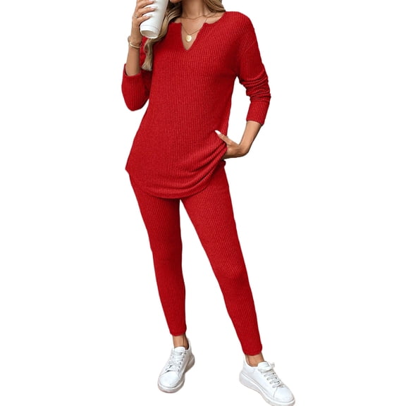 Women's Racing Red Ribbed Long Sleeve Lounge Set for Daily Comfort | S