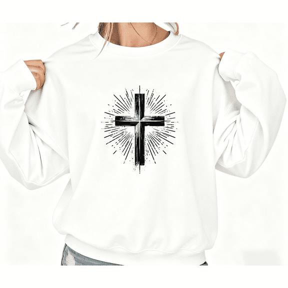 Women's "Radiant Cross" Graphic Breathable Sweatshirt Top Casual Comfortable Round-neck long-sleeved White S-3XL