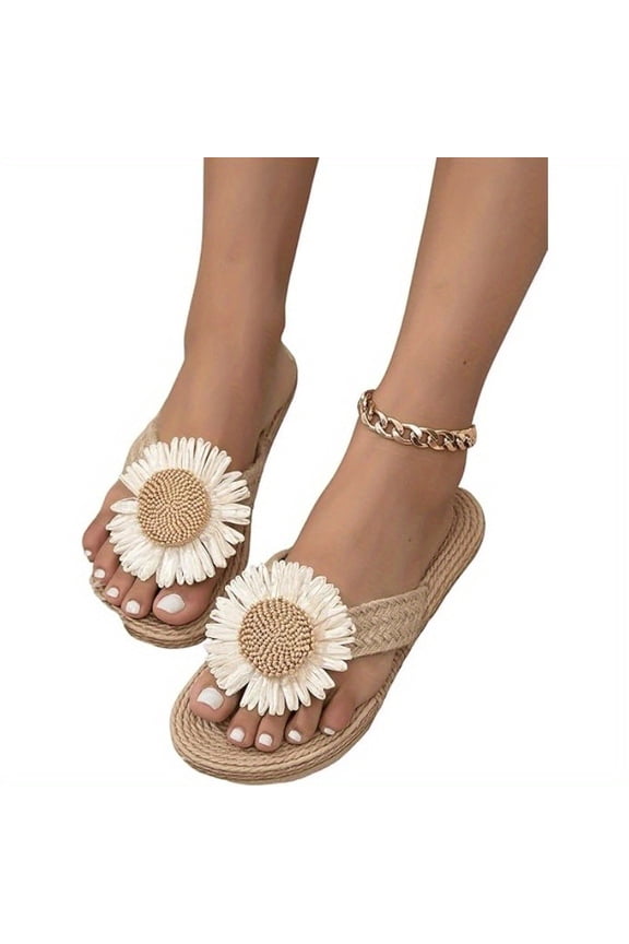 Women's Raffia Linen Sandals - Floral-decorated flat flip-flops, perfect for beach vacations and casual wear, comfortable and versatile.