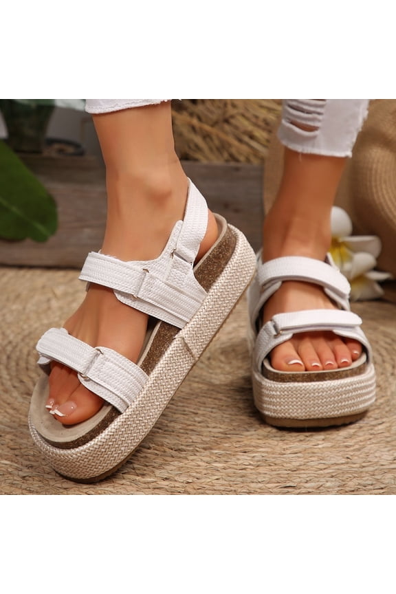 Women's Raffia Platform Wedge Sandals Open Toe Slingback Sandals Adjustable Double Strap Beach Sandals