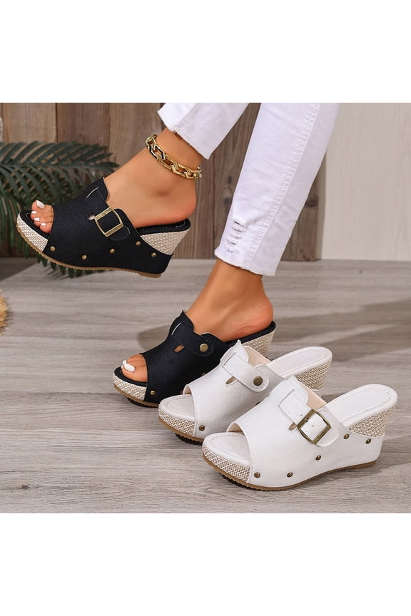 Women's Raffia Wedge Heeled Mules, Buckle Strap Peep Toe Dress Sandals, Plus Size Comfortable Wedge Heel Shoes for Spring Summer Wear
