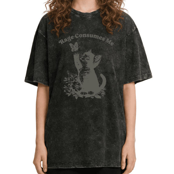 Women's Rage Consumes Me Kitten Butterfly Meme Aesthetic Funny Cat Graphic Washed T Shirt Black S-2XL Plus Size