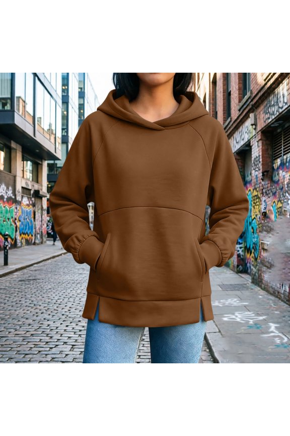 Women's Raglan Hooded Sweatshirt Oversized Long Sleeve Pullover with Side Slits & Pockets Fall Casual Tops Brown XXL