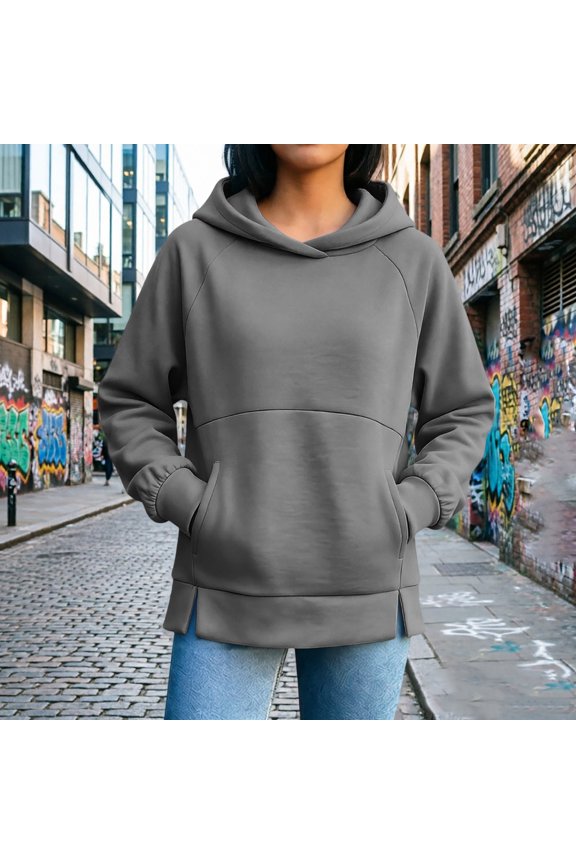 Women's Raglan Hooded Sweatshirt Oversized Long Sleeve Pullover with Side Slits & Pockets Fall Casual Tops Gray XXL