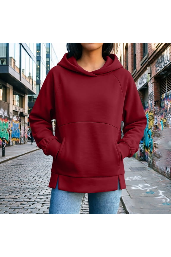 Women's Raglan Hooded Sweatshirt Oversized Long Sleeve Pullover with Side Slits & Pockets Fall Casual Tops Wine S