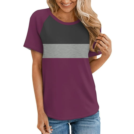 Women's Raglan Short Sleeve Crewneck T-Shirt Color Block Tunic Tshirt Casual Loose Blouses Tops, Purple (XX-Large)