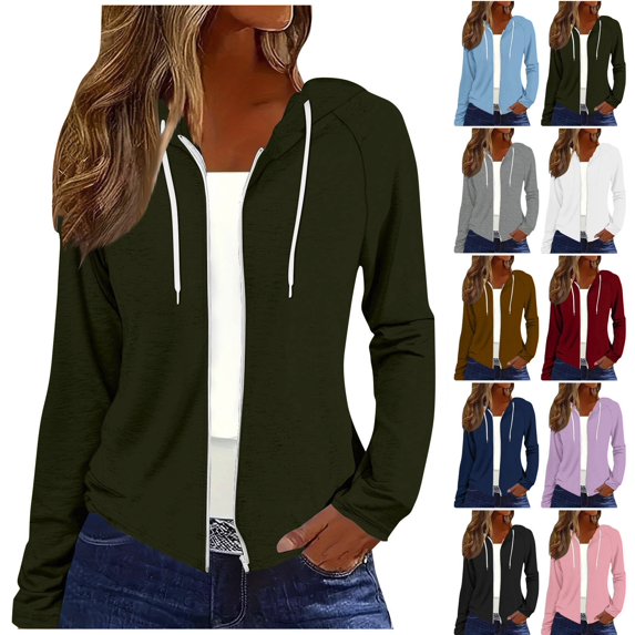 Women's Raglan Sleeve Hooded Full Zip Lightweight Sweatshirt Jacket,Thin Drawstring Hoodie with Side Pockets,Army Green,Women's Plus Size L