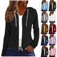 thumbnail image 1 of Women's Raglan Sleeve Hooded Full Zip Lightweight Sweatshirt Jacket,Thin Drawstring Hoodie with Side Pockets,Black,Women's Plus Size S, 1 of 7