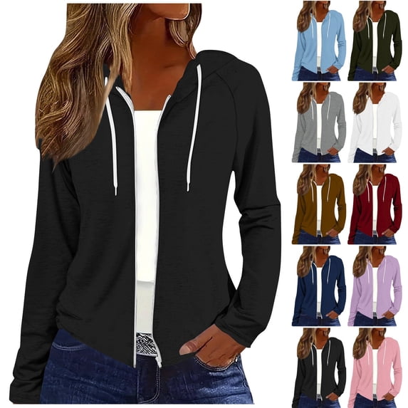Women's Raglan Sleeve Hooded Full Zip Lightweight Sweatshirt Jacket,Thin Drawstring Hoodie with Side Pockets,Black,Women's Plus Size S