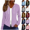 thumbnail image 1 of Women's Raglan Sleeve Hooded Full Zip Lightweight Sweatshirt Jacket,Thin Drawstring Hoodie with Side Pockets,Purple,Women's Plus Size XL, 1 of 7