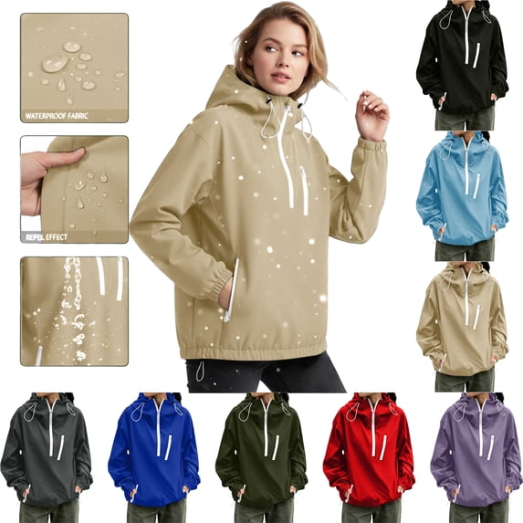 Women's Rain Jacket Full Zip Hooded Long Sleeve Casual Solid Color Windbreaker with Pockets