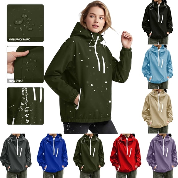 Women's Rain Jacket Hooded Full Zip Long Sleeve Solid Color Casual Zip Up Windbreaker with Pockets