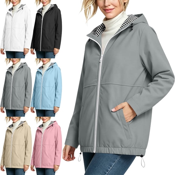 Women's Rain Jacket Lightweight Drawstring Hooded Water Resistant Sun Protection Long Sleeve Active Windbreaker with Striped Lining