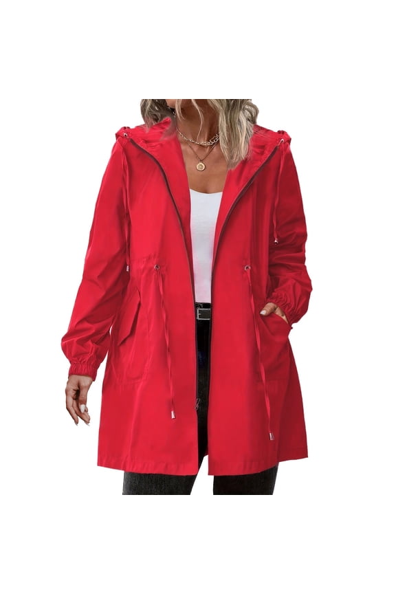 Women's Rain Jacket Plus Size Long Raincoat Lightweight Hooded Windbreaker Waterproof Jackets with Pockets for Cold Weather, Snowy Conditions and Winter Outdoors, Red, 3XL