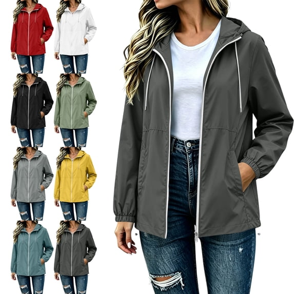 Women's Rain Jacket Waterproof Drawstring Hooded Long Sleeve Active Windbreaker Solid Color Fall Winter Jacket with Pockets