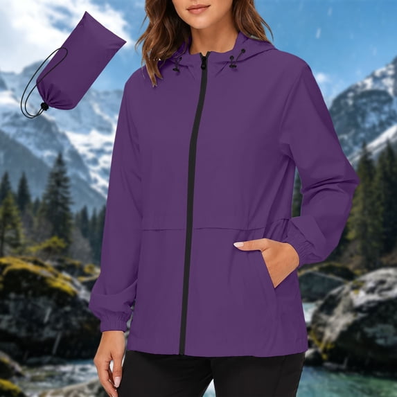 Women's Rain Jacket, Waterproof Lightweight Packable Windbreaker Rain Coat with Hood for Cycling Hiking Travel Purple XXL