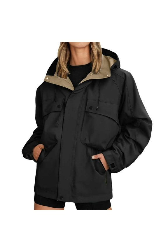 Women's Rain Jacket Zipper Packable Lightweight Windbreaker Water_Resistant Pullover Jackets with Hood Hiking Travel Cargo Jackets (Black,3XL)