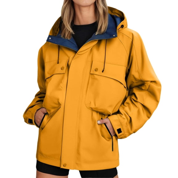 Women's Rain Jacket Zipper Packable Lightweight Windbreaker Water_Resistant Pullover Jackets with Hood Hiking Travel Cargo Jackets (Orange,L)