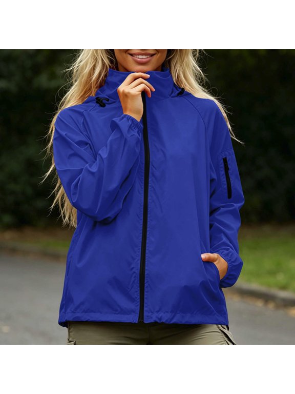 Women's Rain Jackets Full Zipper Waterproof Windbreaker Lightweight Running Packable Hooded Jacket Blue S