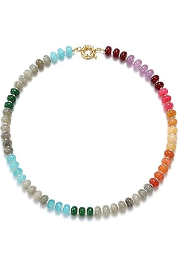 Women's Rainbow Beaded Necklace, Colorful Natural Stone Freshwater Pearl Strand, Boho Surfer Beach Casual Holiday Jewelry Gift for Her