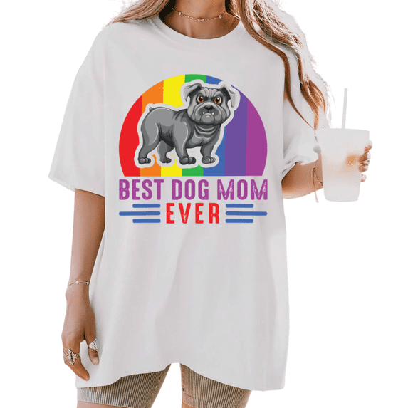 Women's Rainbow Bulldog "Best Dog Mom Ever" Graphic T Shirt Pride Dog Lover Print Breathable Short Sleeve Round Neck Top White S-5XL