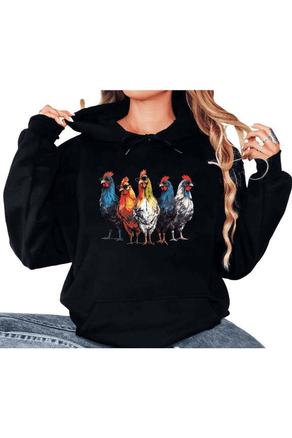 Women's Rainbow Chickens Graphic Comfortable Hoodie Top Hooded long-sleeved Breathable Black S-2XL