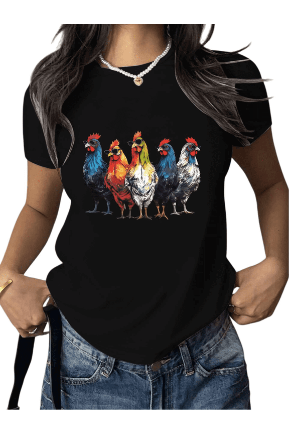 Women's Rainbow Chickens Graphic Cotton T Shirt Casual Breathable Short Sleeve Round Neck Top Black S-5XL