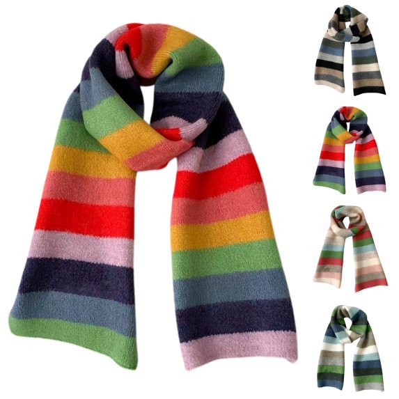 Women's Rainbow Color Block Knitted Scarves Korean Style Versatile Warm for Autumn Winter