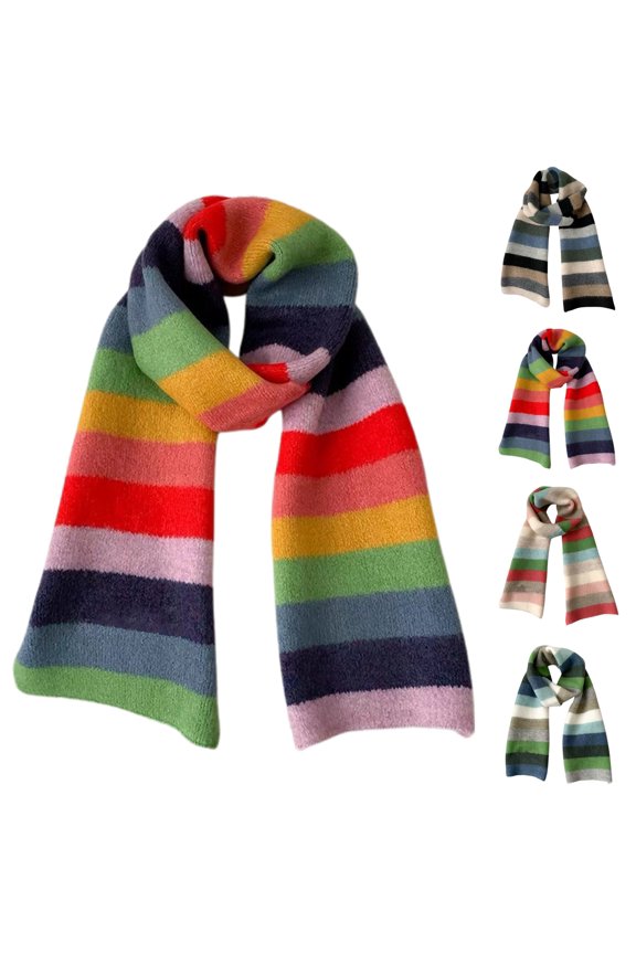 Women's Rainbow Color Block Knitted Scarves Korean Style Versatile Warm for Autumn Winter