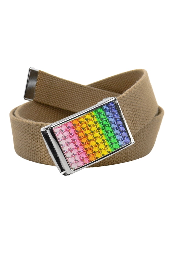 Women's Rainbow Crystal Flip Top Belt Buckle with Canvas Web Belt Medium Khaki
