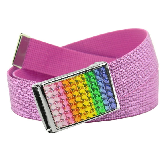 Women's Rainbow Crystal Flip Top Belt Buckle with Canvas Web Belt Small Glitter Pink