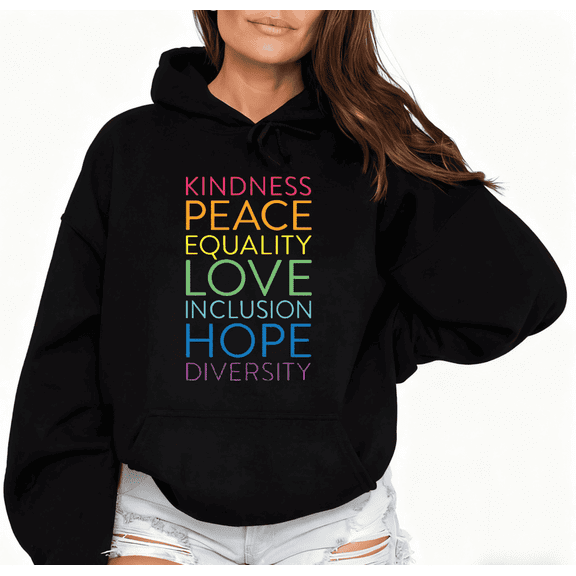 Women's Rainbow Inclusion Message Hoodie Casual Top Social Justice Graphic Breathable Hooded long-sleeved Black S-2XL