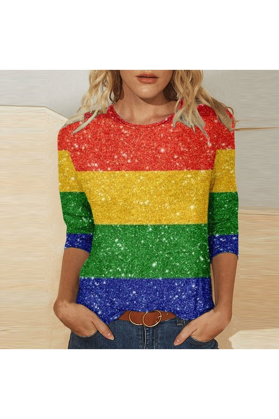 Women's Rainbow Print 3/4 Sleeve T Shirts Colorful Striped Graphic Tops Casual Crew Neck Tees for Street Style