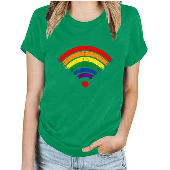 Women's Rainbow Printing Comfy Casual Shirts Summer Clothes for Teen Girls Short Sleeve Tunic Tops Loose Fit Flowy Vintage Y2K Tops Dressy Casual Fashion 2024 Round Neck Blouse Green T Shirts XXL