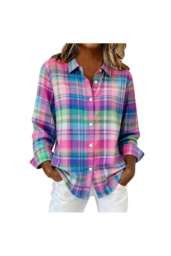 Women's Rainbow Retro Plaid Long Sleeve Shirt - Turndown Collar Button-Front Casual Blouse, Colorful Pattern Top for Daily & Casual Wear