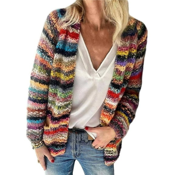 Women's Rainbow Striped Cardigan Sweater Chunky Long Sleeve Multicolor Open Front Sweater Soft Outerwear Coats Red S