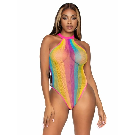 Women's Rainbow Striped Halter Sexy Mesh Bodysuit with Snap Crotch, Multi, O/S