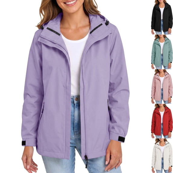 Women's Raincoat Detachable Hood Full Zip Shell Coat Waterproof Long Sleeve Light Jacket Adjustable Cuffs Windproof for Outdoor Camping, Purple, XXXL